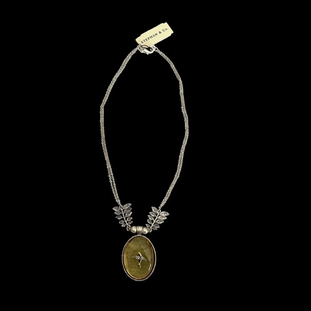 Double Slivertone Chain w/ Leaf & Faux Pearl & Gold/Yellow Pendant & Silver Bird